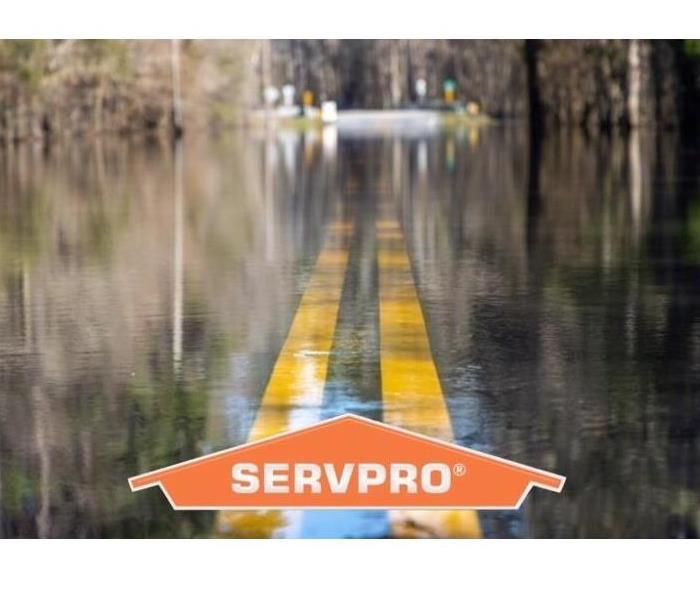 Flooded road with logo