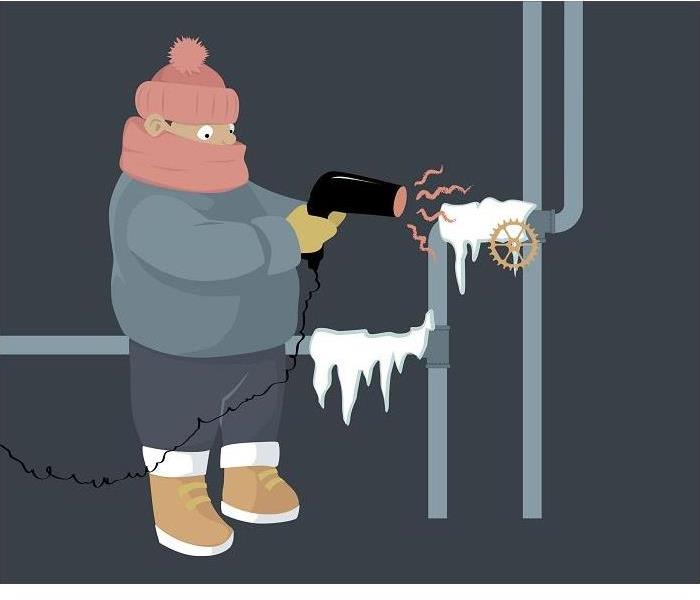 drawing of person, bundled in warm clothing, using a hairdryer to thaw a frozen pipe